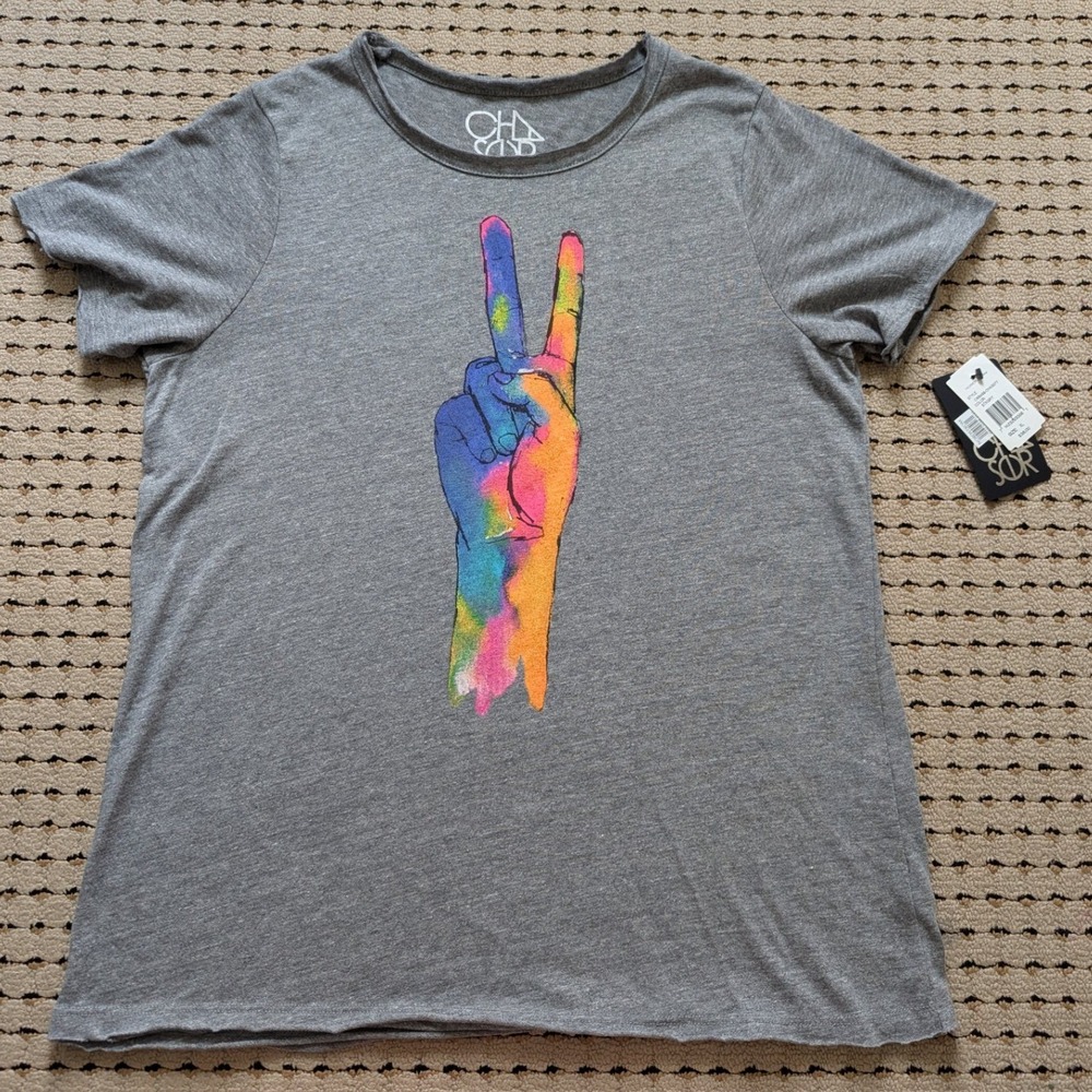 Chaser Peace Sign Graphic T-Shirt Tee Women Sz XL Gray Watercolor Burnout Jersey